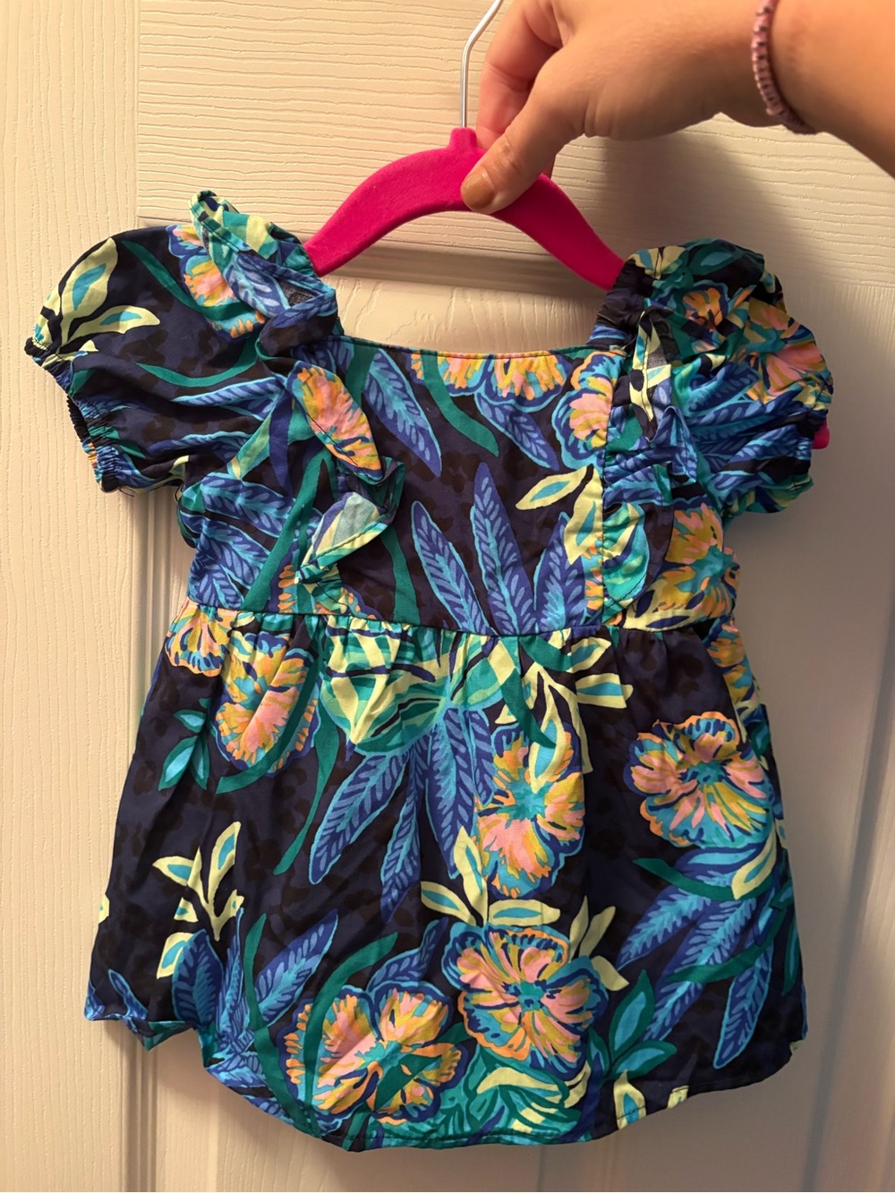 Lilly Pulitzer Navy Tropical Floral Puff Sleeve Top